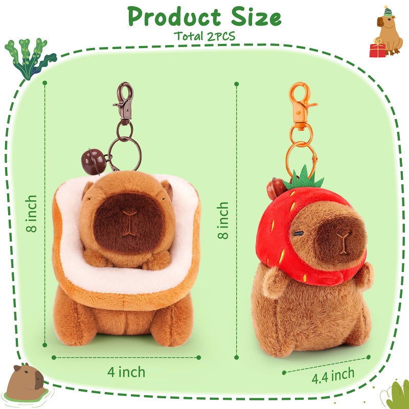 Achwishap 2PCS Capybara Plush Keychain,Cute Keychain Capybara Stuffed Animal,Soft Capybara Plushies Toys Key Chain,Kawaii Plush Stuffed Toys for Kids Adults Birthday Gifts(Strawberry Hat,Bread) - Image 2