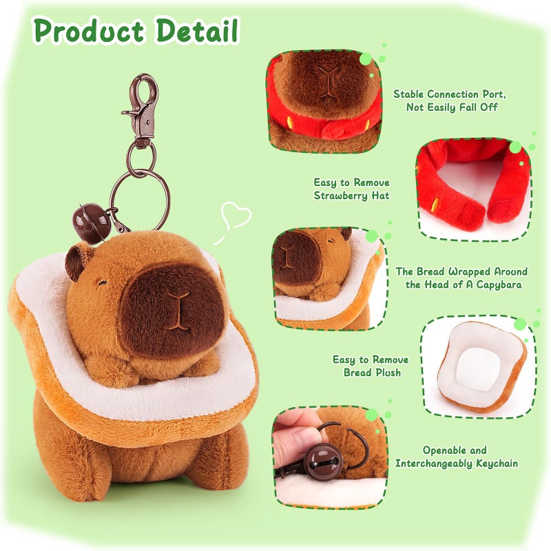 Achwishap 2PCS Capybara Plush Keychain,Cute Keychain Capybara Stuffed Animal,Soft Capybara Plushies Toys Key Chain,Kawaii Plush Stuffed Toys for Kids Adults Birthday Gifts(Strawberry Hat,Bread) - Image 5