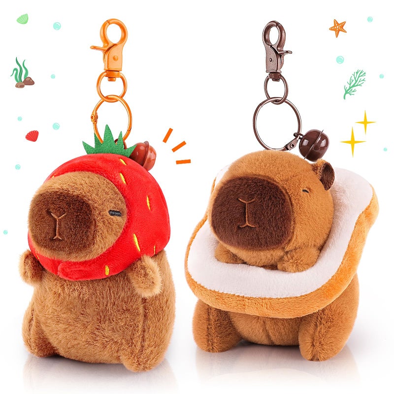 Achwishap 2PCS Capybara Plush Keychain,Cute Keychain Capybara Stuffed Animal,Soft Capybara Plushies Toys Key Chain,Kawaii Plush Stuffed Toys for Kids Adults Birthday Gifts(Strawberry Hat,Bread) - Image 1