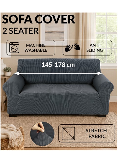 Stretch Fit 2-Seater Sofa Cover Soft Brushed Fabric Couch Cover Exquisitely Full Coverage Furniture Protector Slipcover Two Seater Fits on Standard and Recliner Sofa 145-178cm Size Grey