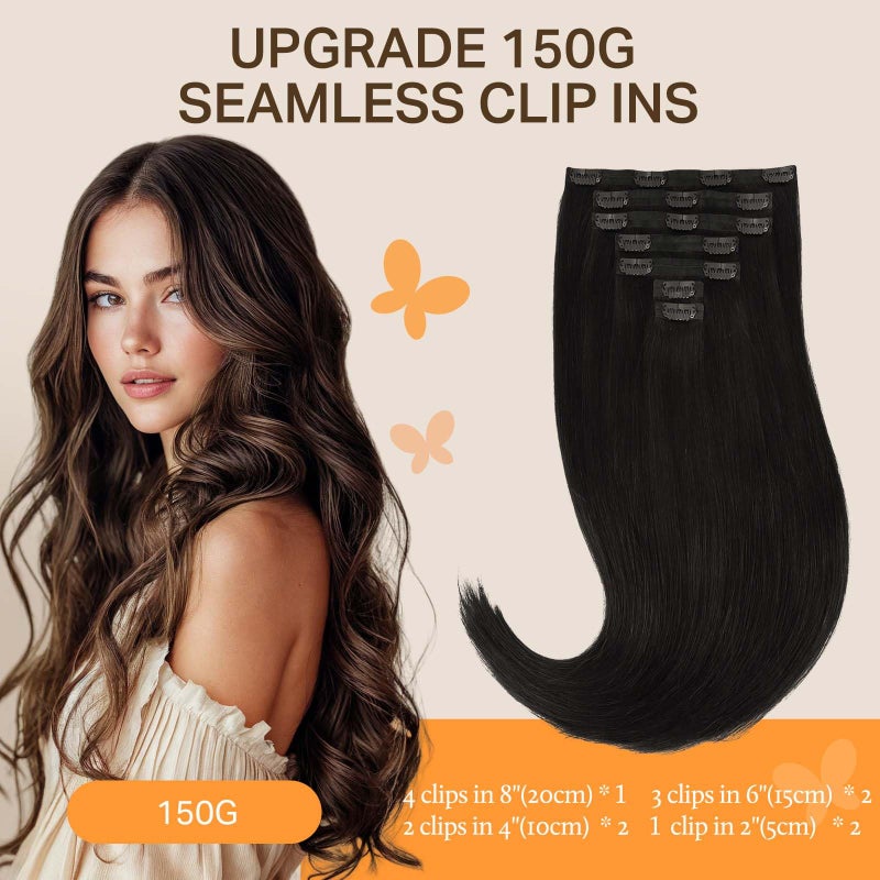 DOORES Clip in Hair Extensions Human Hair, Natural Black 150g 7pcs 20 Inch, Human Hair Extensions Invisible Edge Natural Weft - Image 2