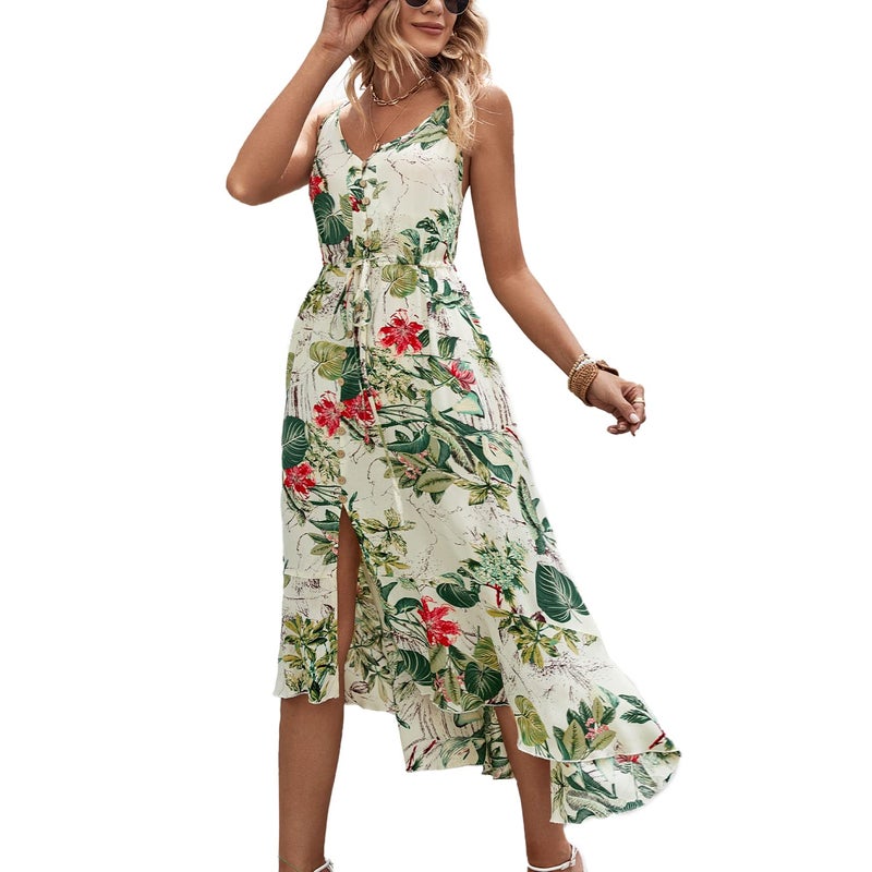 BROVAVE Women's 2025 Summer Casual Boho Sundress Polka Dot Spaghetti Strap V Neck Flowy Midi Dresses(008 Tropical#3, Small) - Image 1