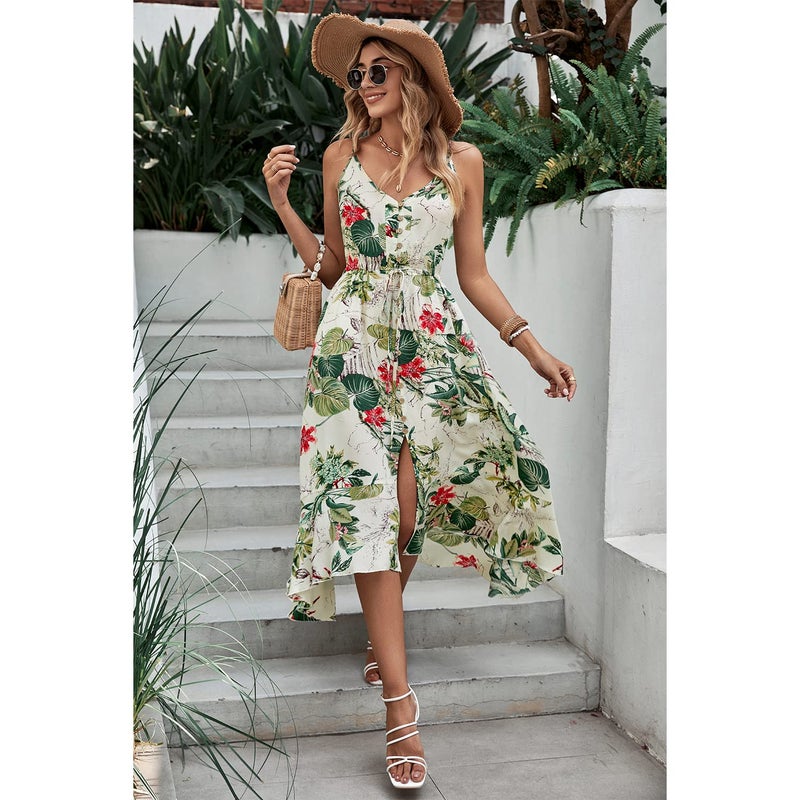 BROVAVE Women's 2025 Summer Casual Boho Sundress Polka Dot Spaghetti Strap V Neck Flowy Midi Dresses(008 Tropical#3, Small) - Image 4