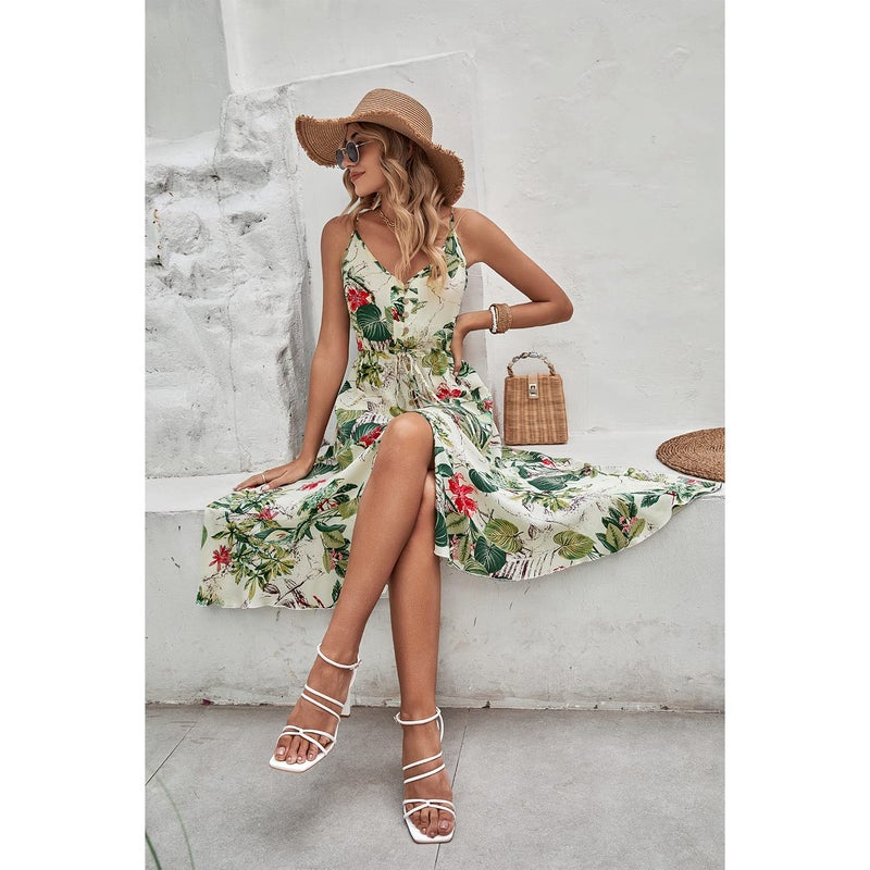 BROVAVE Women's 2025 Summer Casual Boho Sundress Polka Dot Spaghetti Strap V Neck Flowy Midi Dresses(008 Tropical#3, Small) - Image 2