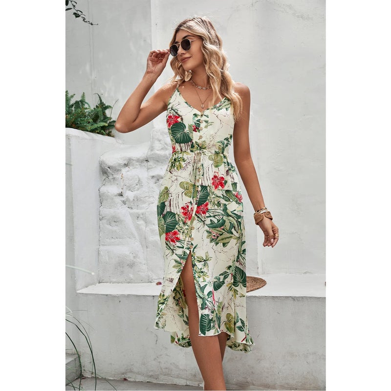 BROVAVE Women's 2025 Summer Casual Boho Sundress Polka Dot Spaghetti Strap V Neck Flowy Midi Dresses(008 Tropical#3, Small) - Image 5