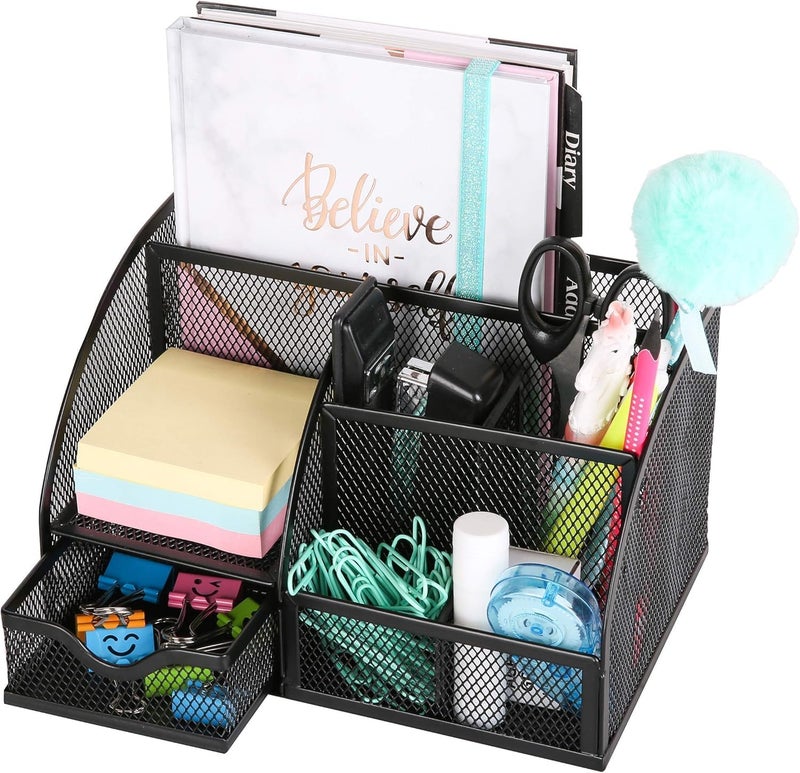 VALUXE Mesh Desk Organizer Pencil Holder with Drawer - All in One Pen Holder for Desk, Multi-Functional Caddy Pen Holder Stationery Desk Accessories Organizer for Office, Home, School, Classroom - Image 2