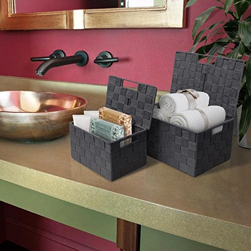 Sorbus Set of 3 Hand-Woven Storage Baskets with Lids – Mesh Organizers for Linen Closet, Shelves, or Home Storage – Variety Pack (Gray) - Image 4