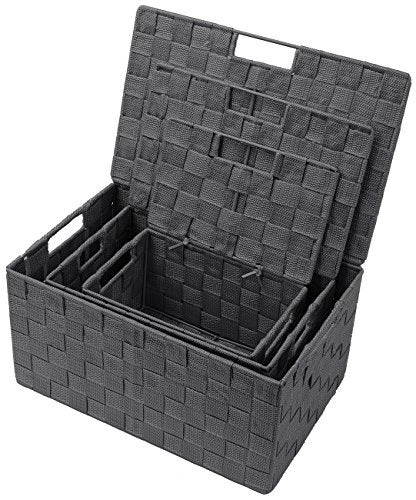Sorbus Set of 3 Hand-Woven Storage Baskets with Lids – Mesh Organizers for Linen Closet, Shelves, or Home Storage – Variety Pack (Gray) - Image 3