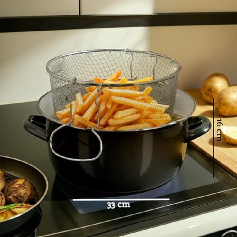 Housewares 102102 5L Deep Fat Fryer - Enamel Chip Pan With Glass Lid, Basket, Black, 16x33x27 - Image 5