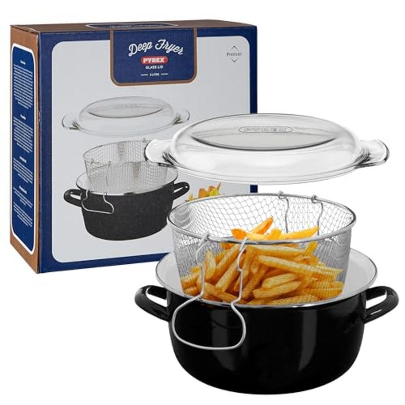 Housewares 102102 5L Deep Fat Fryer - Enamel Chip Pan With Glass Lid, Basket, Black, 16x33x27 - Image 1