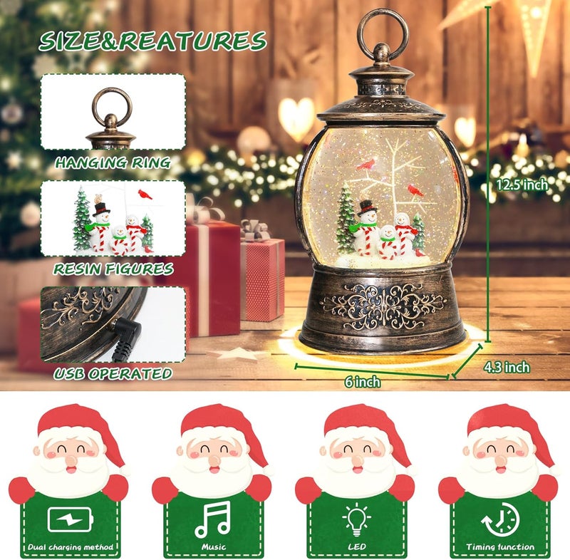 Aixuler Christmas Cardinal Snow Globe 12.5In High, Snowman Musical Snow Globe Lantern Lights with 6 Hour Timer and Batteries Powered, Retro Style Holiday Glitter Globe for Xmas Home Decoration and Santa Gifts - Image 2