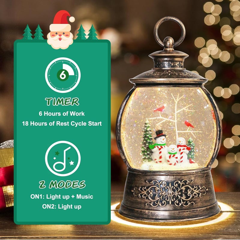 Aixuler Christmas Cardinal Snow Globe 12.5In High, Snowman Musical Snow Globe Lantern Lights with 6 Hour Timer and Batteries Powered, Retro Style Holiday Glitter Globe for Xmas Home Decoration and Santa Gifts - Image 4