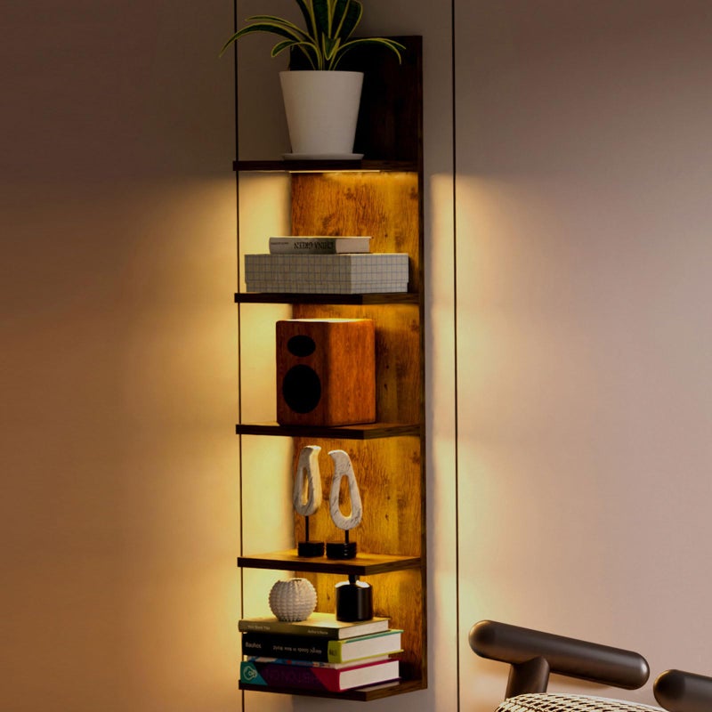 Homaterial 5 Tier Wall Shelf Unit Modern Vertical Lack Wall Shelves with Light Wall Mount Floating Column Home Decor Shelves for Bedroom Living Room Vanity Storage DisplayDark Brown