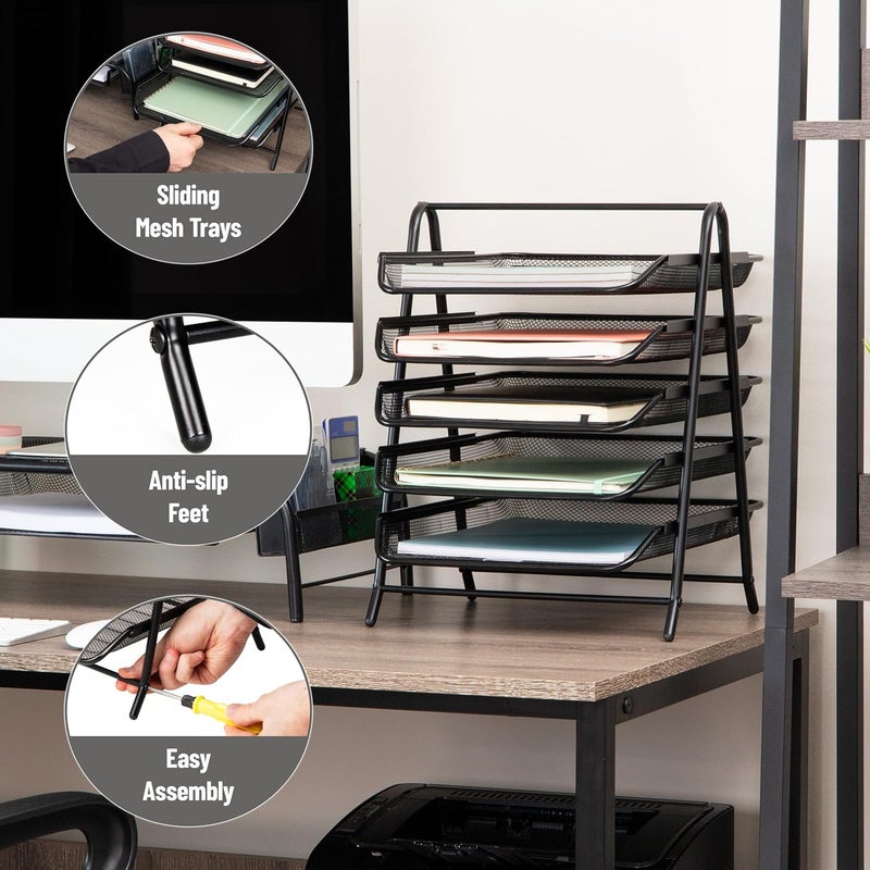 Mind Reader 5-Tier Desk Organizer with Sliding Trays for Letters and Documents, Black - Image 4