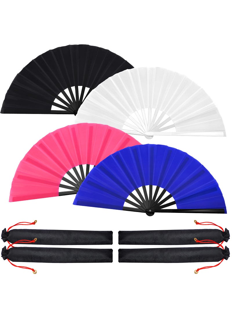 Blulu Blulu 4 Pcs Large Chinese Folding Fans for Line Dancing Big Silk Handheld Clapping Popping Fans for Men Women Foldable for Dancing Boots on the GroundBlack Royal Blue Rose Red White 