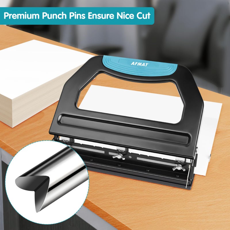AFMAT 3 Hole Punch Heavy Duty, 9/32" Holes, 50-Sheet Hole Puncher 3 Ring, 50% Reduced Effort, Adjustable Two & Three Hole Punch, Metal Paper Puncher w/Large Chip Tray, Metal Paper Guide, Black, HP18 - Image 5
