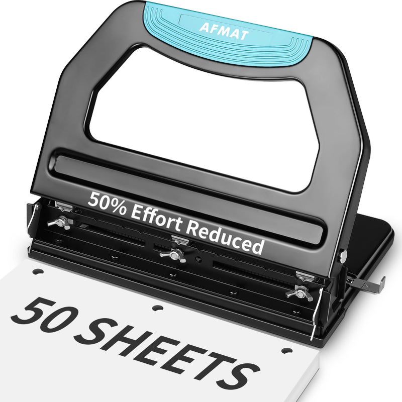 AFMAT 3 Hole Punch Heavy Duty, 9/32" Holes, 50-Sheet Hole Puncher 3 Ring, 50% Reduced Effort, Adjustable Two & Three Hole Punch, Metal Paper Puncher w/Large Chip Tray, Metal Paper Guide, Black, HP18 - Image 1