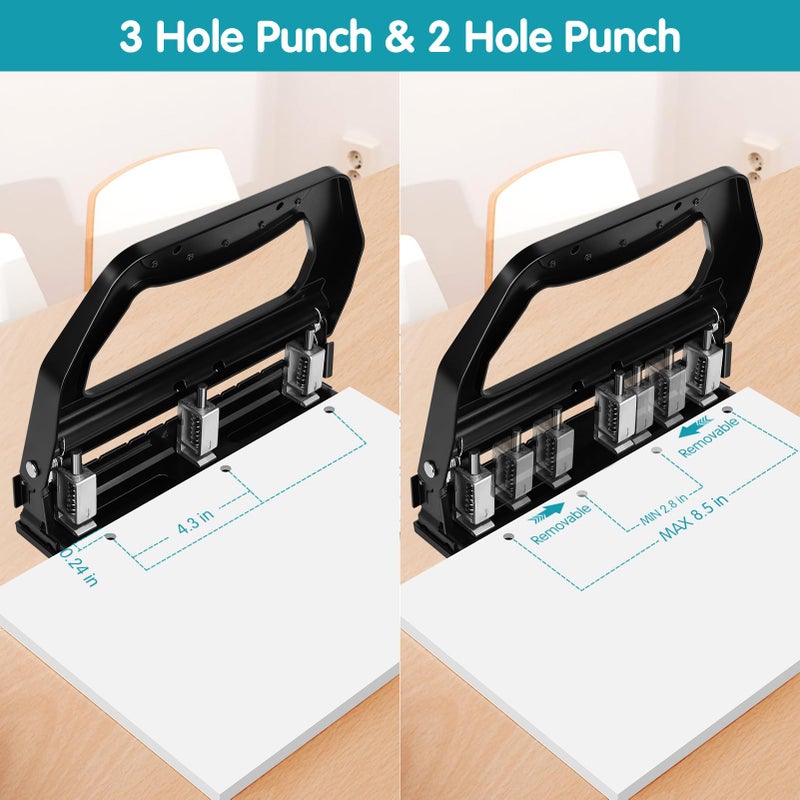 AFMAT 3 Hole Punch Heavy Duty, 9/32" Holes, 50-Sheet Hole Puncher 3 Ring, 50% Reduced Effort, Adjustable Two & Three Hole Punch, Metal Paper Puncher w/Large Chip Tray, Metal Paper Guide, Black, HP18 - Image 4