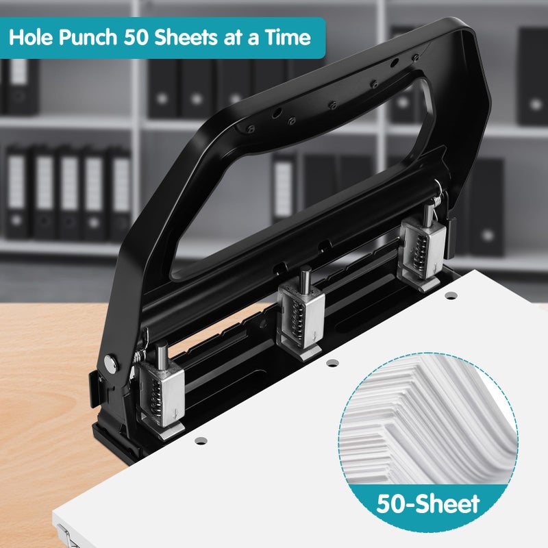 AFMAT 3 Hole Punch Heavy Duty, 9/32" Holes, 50-Sheet Hole Puncher 3 Ring, 50% Reduced Effort, Adjustable Two & Three Hole Punch, Metal Paper Puncher w/Large Chip Tray, Metal Paper Guide, Black, HP18 - Image 2