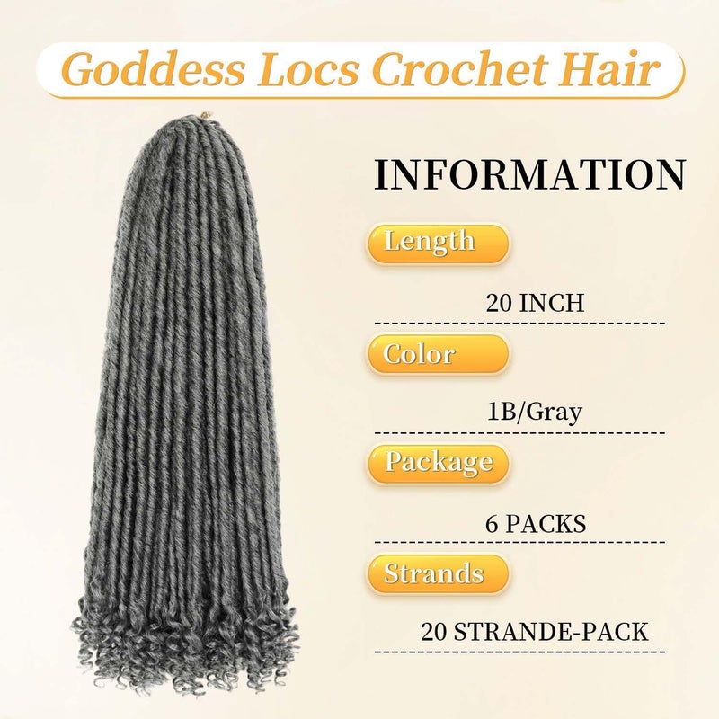 MODERN QUEEN 6 Packs Goddess Locs Crochet Hair, 20 Inch Straight Faux Locs Crochet Braids, Pre-Looped Curly Soft Synthetic Ombre Braiding Hair Extensions for Black Women(20 Inch, 6 Packs, 1B/Gray#) - Image 3