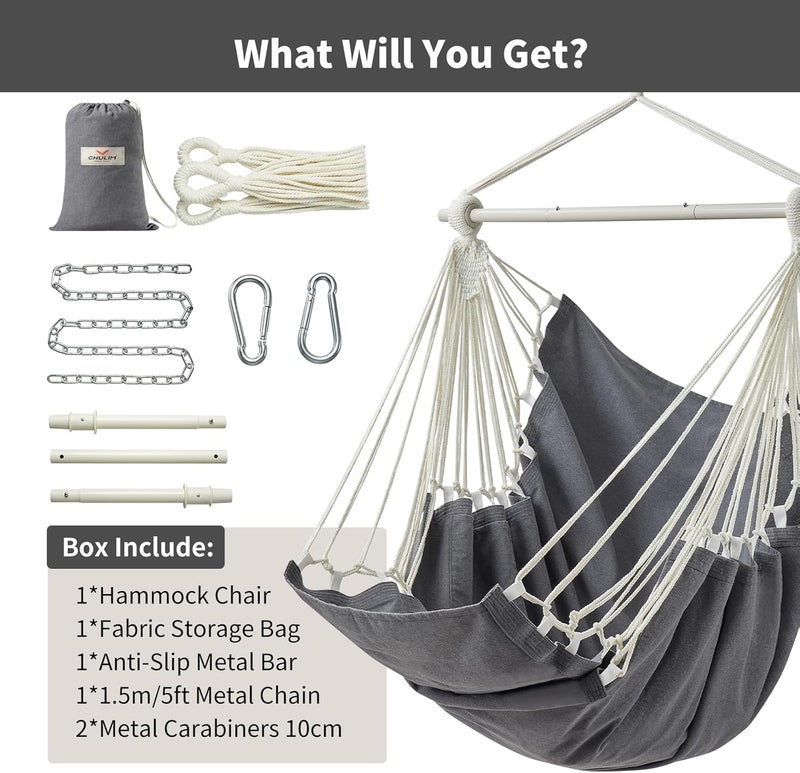 CHULIM Hanging Hammock Chair Swing MAX 500 lbs Outdoor Hanging Chair with Footrest Indoor Swing Chair with Portable Steel Spreader Bar and Hardware Kit for Bedroom Living Room Patio Porch - Dark Grey - Image 5