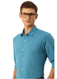 Peter England Peter England Men's Slim Fit Full Sleeve Formal Textured Solid Shirt | Festive Duo-Tone Colour | 100% Cotton Medium Blue  - Image 1