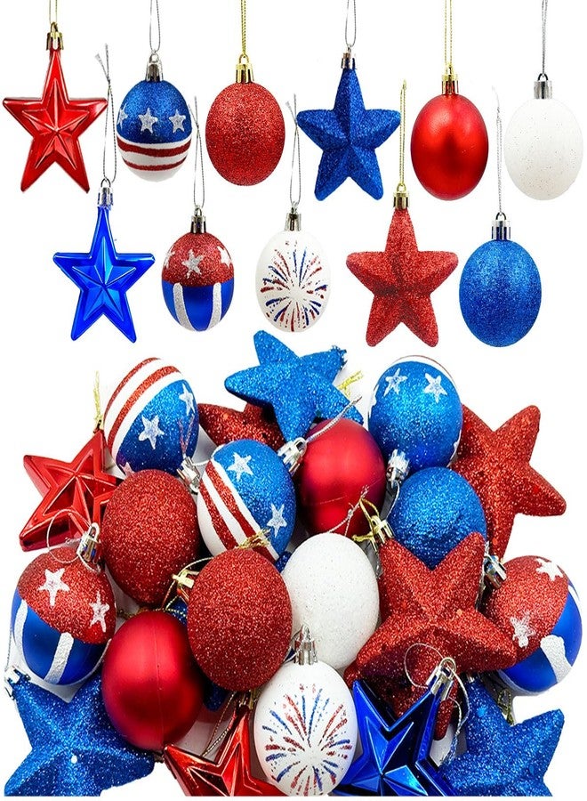 Suartus Patriotic Ornaments Hanging Balls - 32 Pcs 4th of July Independence Day Tree Ornaments Memorial Day Red White Blue Stars Balls for Veterans Day Holiday Party Home Christmas Tree Decor - Image 1