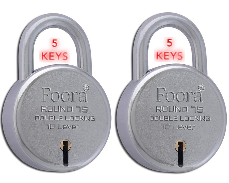 Foora big size lock and keys door lock for home round 75mm padlock with 5 each keys double locking 8 lever gate shop shutter Round 75mm Big Boss Pack 2 - Image 1