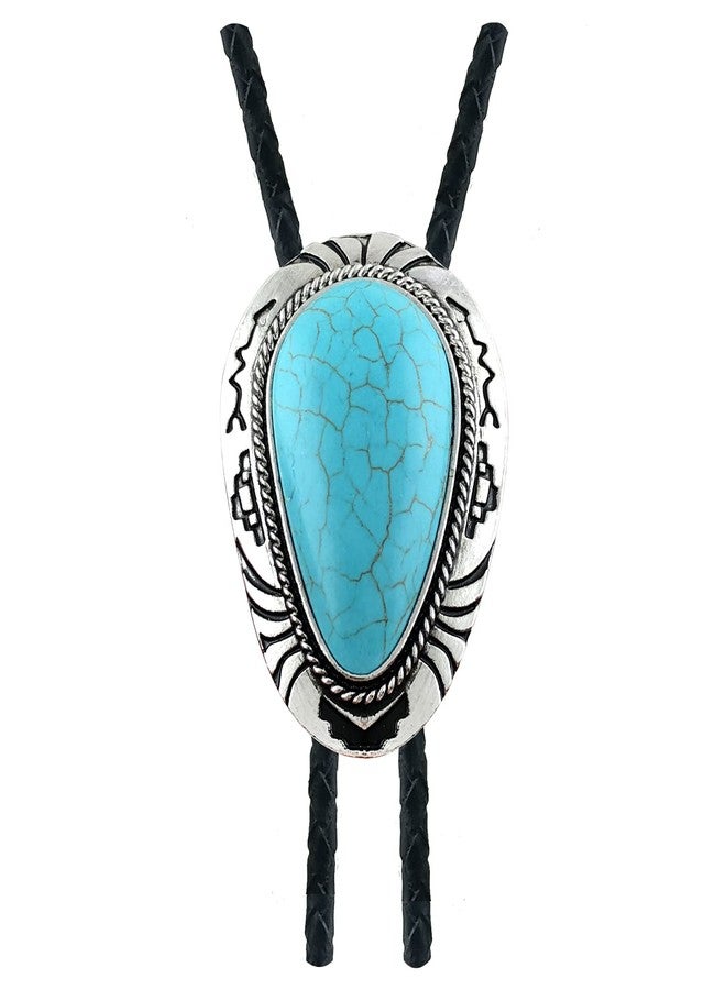 QUKE Native Western Blue Natural Turquoise Stone Bolo Tie Handmade Genunie Leather For Men Women - Image 1
