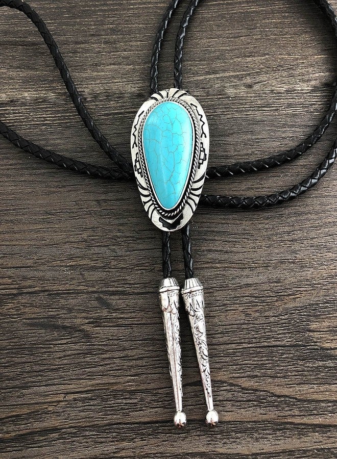 QUKE Native Western Blue Natural Turquoise Stone Bolo Tie Handmade Genunie Leather For Men Women - Image 3