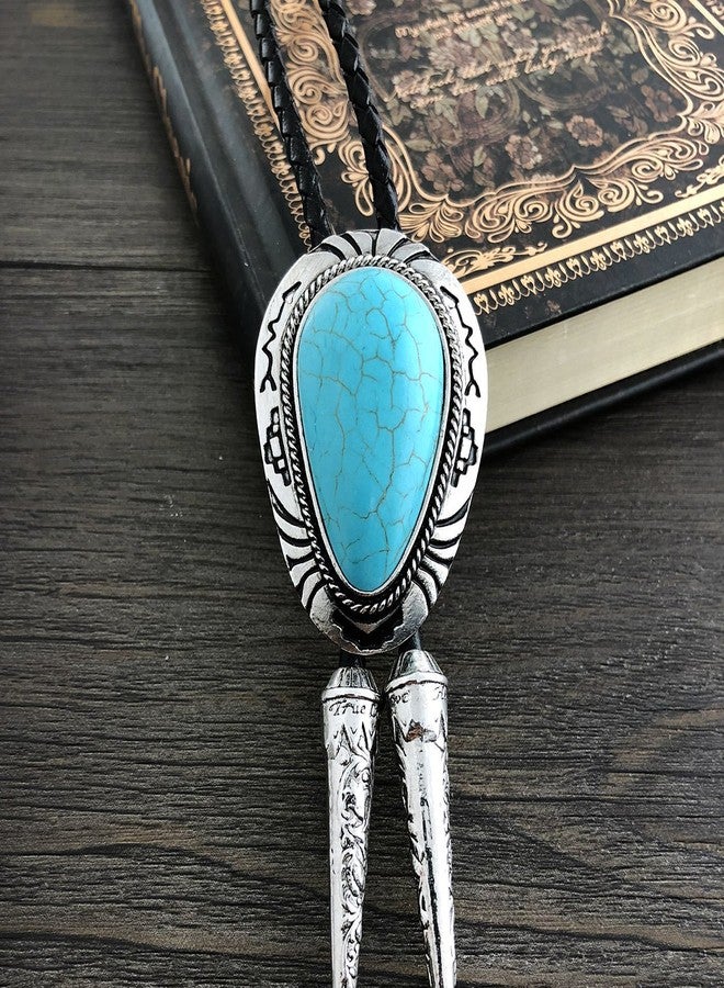 QUKE Native Western Blue Natural Turquoise Stone Bolo Tie Handmade Genunie Leather For Men Women - Image 2