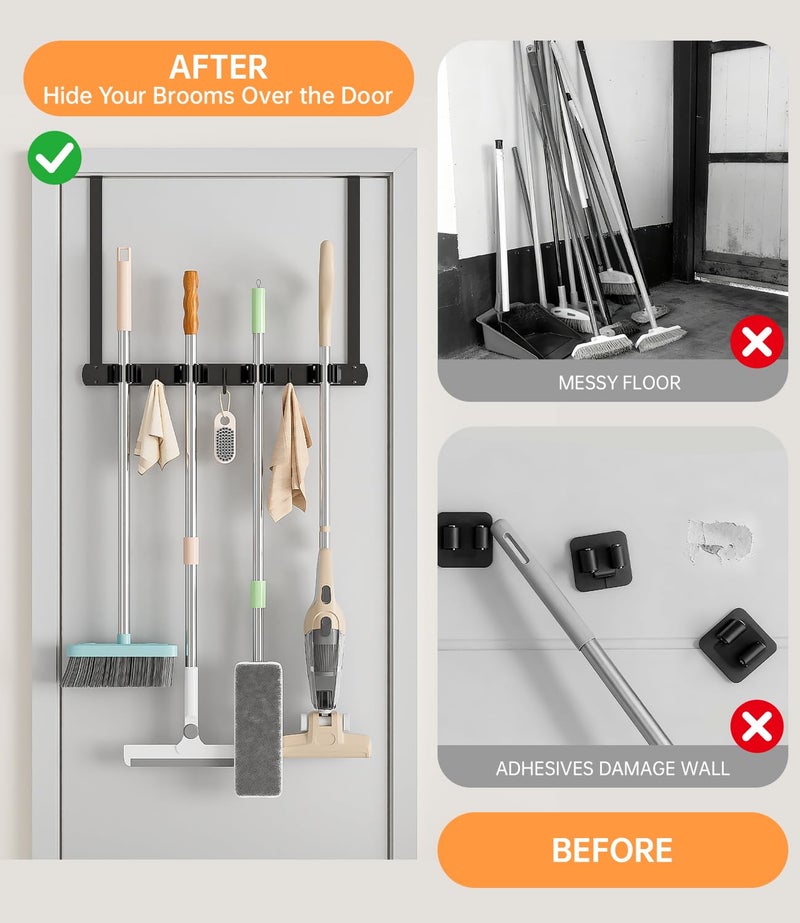 PrimZooty Broom Holder Over The Door - 304 Stainless Steel Mop and Broom Holder Wall Mounted or Hanging Over The Door with Hooks - Broom Hanger, Broom Storage Tool Organizer for Garage Closet Laundry - Image 2