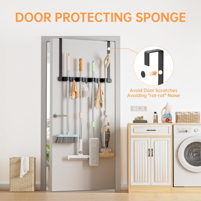 PrimZooty Broom Holder Over The Door - 304 Stainless Steel Mop and Broom Holder Wall Mounted or Hanging Over The Door with Hooks - Broom Hanger, Broom Storage Tool Organizer for Garage Closet Laundry - Image 3
