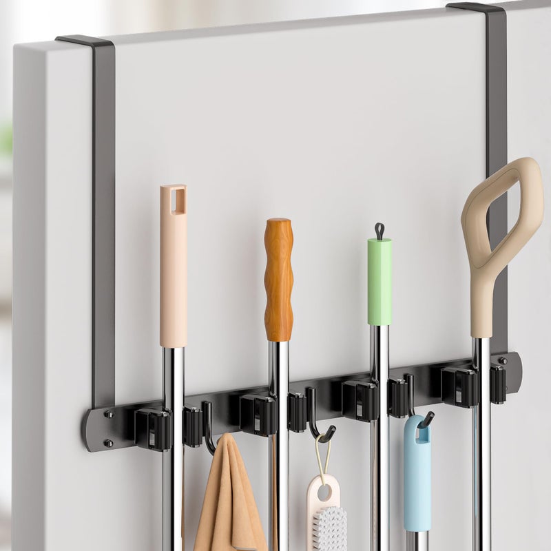 PrimZooty Broom Holder Over The Door - 304 Stainless Steel Mop and Broom Holder Wall Mounted or Hanging Over The Door with Hooks - Broom Hanger, Broom Storage Tool Organizer for Garage Closet Laundry - Image 1