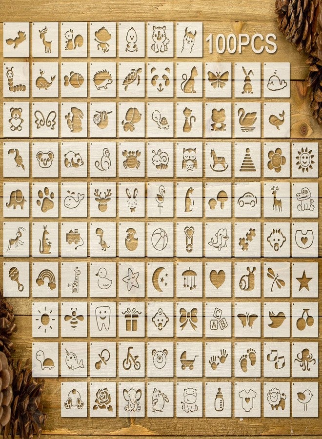 Fainne 100 Pcs Stencils for Painting on Wood Reusable Stencil Crafts Drawing Templates Holiday Wall Paper for DIY Scrapbook Home 2 x 2 Inch(Cute Baby Animal Style) - Image 1