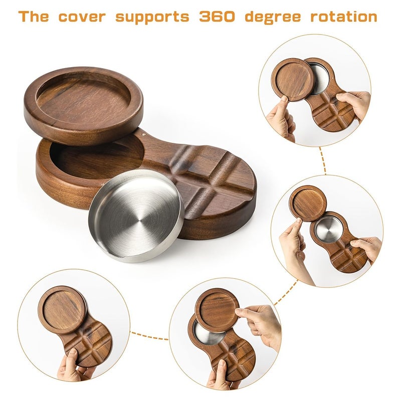 Acacia Wood Revolving Cigar Ashtray With Whiskey Glass Tray Stainless Steel Liner - Image 5