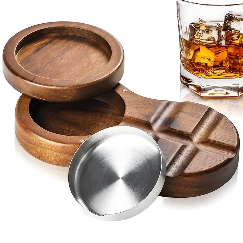 Acacia Wood Revolving Cigar Ashtray With Whiskey Glass Tray Stainless Steel Liner - Image 2