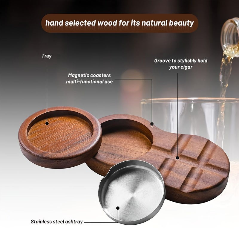 Acacia Wood Revolving Cigar Ashtray With Whiskey Glass Tray Stainless Steel Liner - Image 3
