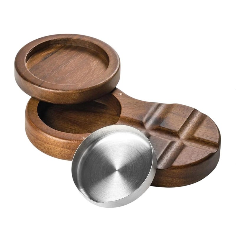 Acacia Wood Revolving Cigar Ashtray With Whiskey Glass Tray Stainless Steel Liner - Image 1