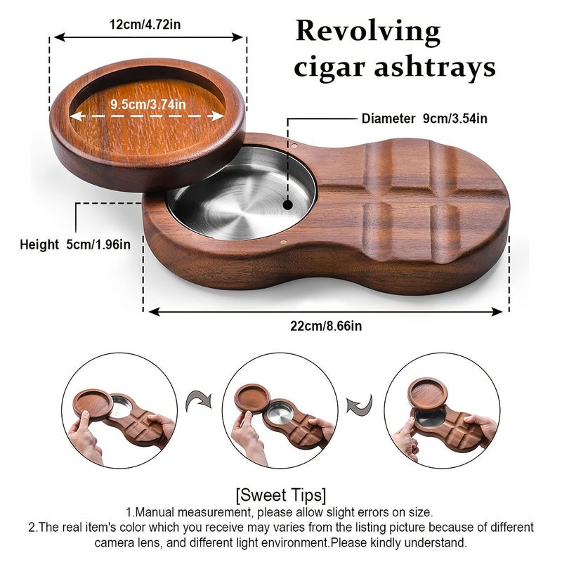 Acacia Wood Revolving Cigar Ashtray With Whiskey Glass Tray Stainless Steel Liner - Image 4
