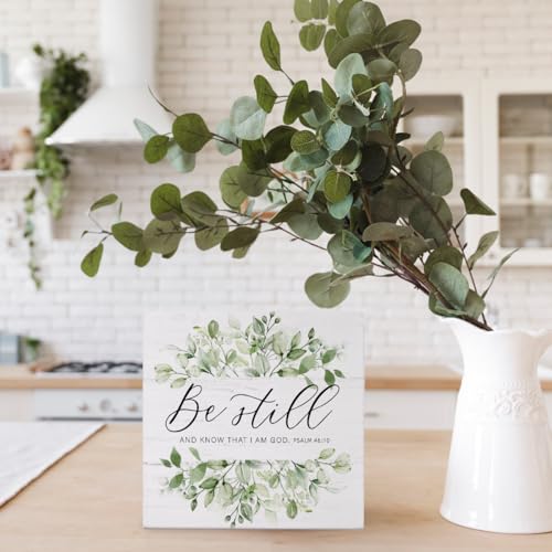 FLVGE Christian Office Decor, Christian Gifts for Women, Be Still and Know That I Am God Wood Sign Wall Art for Office Desk Accessories, Sage Green Eucalyptus Leaf Christian Home Shelf Decoration, 5x5 - Image 2
