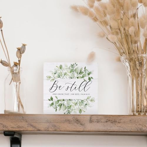 FLVGE Christian Office Decor, Christian Gifts for Women, Be Still and Know That I Am God Wood Sign Wall Art for Office Desk Accessories, Sage Green Eucalyptus Leaf Christian Home Shelf Decoration, 5x5 - Image 4