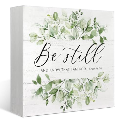 FLVGE Christian Office Decor, Christian Gifts for Women, Be Still and Know That I Am God Wood Sign Wall Art for Office Desk Accessories, Sage Green Eucalyptus Leaf Christian Home Shelf Decoration, 5x5 - Image 1