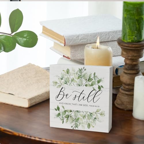 FLVGE Christian Office Decor, Christian Gifts for Women, Be Still and Know That I Am God Wood Sign Wall Art for Office Desk Accessories, Sage Green Eucalyptus Leaf Christian Home Shelf Decoration, 5x5 - Image 5