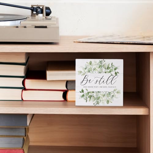 FLVGE Christian Office Decor, Christian Gifts for Women, Be Still and Know That I Am God Wood Sign Wall Art for Office Desk Accessories, Sage Green Eucalyptus Leaf Christian Home Shelf Decoration, 5x5 - Image 3