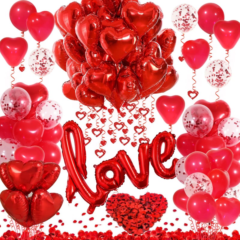 VBEOLLOV Red Valentines Day Decorations with Red Heart Balloons and Love Balloon Fake Rose Petals for Wedding Decor Anniversary Decorations Romantic with red Latex Balloons and Heart Hanging Decor - Image 2