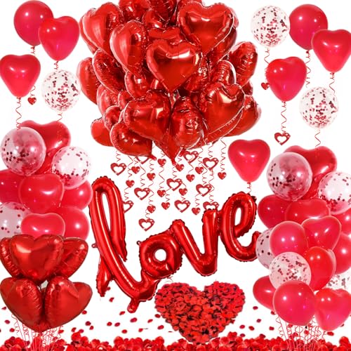 VBEOLLOV Red Valentines Day Decorations with Red Heart Balloons and Love Balloon Fake Rose Petals for Wedding Decor Anniversary Decorations Romantic with red Latex Balloons and Heart Hanging Decor - Image 1