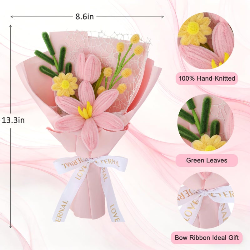 Piklado Hand-Woven Flower Bouquet Finishedï¼ˆ1pcsï¼‰ for Women Girlfriend Birthday Gift Wedding Decoration Crochet Artificial Flower, Bouquet Gift (Pink-Y) - Image 3