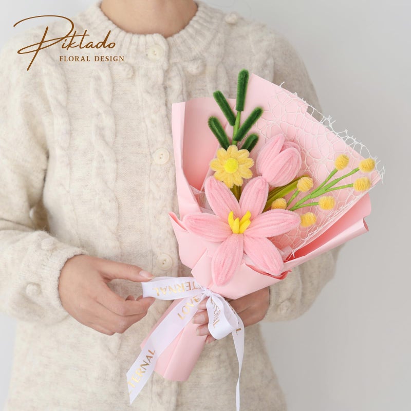 Piklado Hand-Woven Flower Bouquet Finishedï¼ˆ1pcsï¼‰ for Women Girlfriend Birthday Gift Wedding Decoration Crochet Artificial Flower, Bouquet Gift (Pink-Y) - Image 2