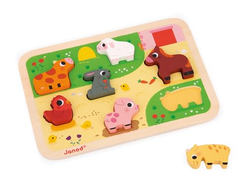 Janod Chunky Farm Wooden Puzzle with 7 Pieces Educational Toddler Puzzle Toy with Farm Animals EasyGrip Wooden Figures for Fine Motor Skills Learning Imaginative Play Ages 18 Months J07121 - Image 1